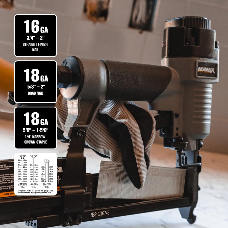 NuMax Pneumatic 3-in-1 Nail Gun | 16 GA & 18 GA Finish Nailer, Brad Nailer, Stapler | Multi-Purpose Air Tool for Trim, Moulding, Baseboards, Furniture, and Home Improvement Projects | SL31 - Image 2